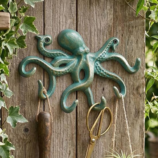 Gancho Decorativo para Abrigos de Pulpo de Hierro Fundido, Colgador de Metal Rústico para Ropa en Pared, Portarrollos para Toallas de Mano Náutico para Dormitorio Baño Cocina