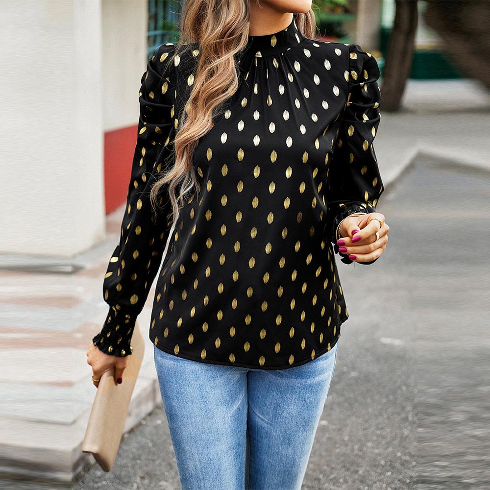 Women Loose Printed Blouses Long Sleeve Round Neck Commuting Autumn Winter
