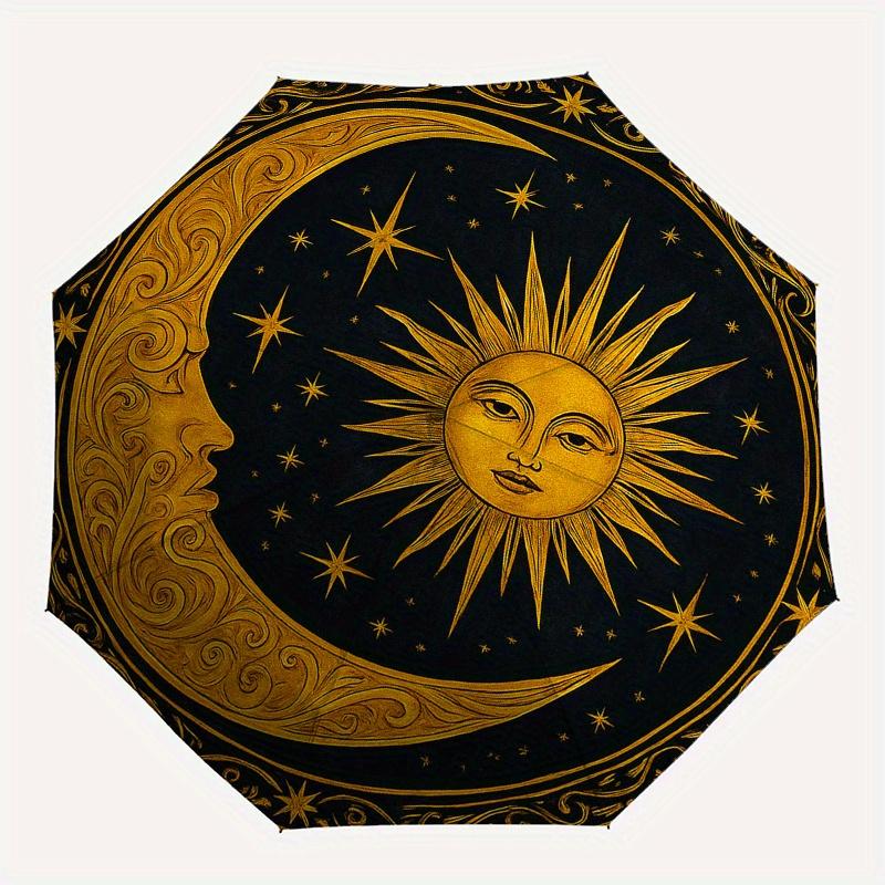 Goldener Himmelsmond und Sonne DekorSchirm, Tragbarer 3-Fach Kompakter Regenschirm, Weihnachtsgeschenk ES384
