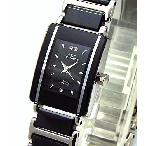 TECHNOS Women's Elegant Ceramic Watch with Black Dial and Silver Combination Heart Bracelet Set (TSL906TB-SET)