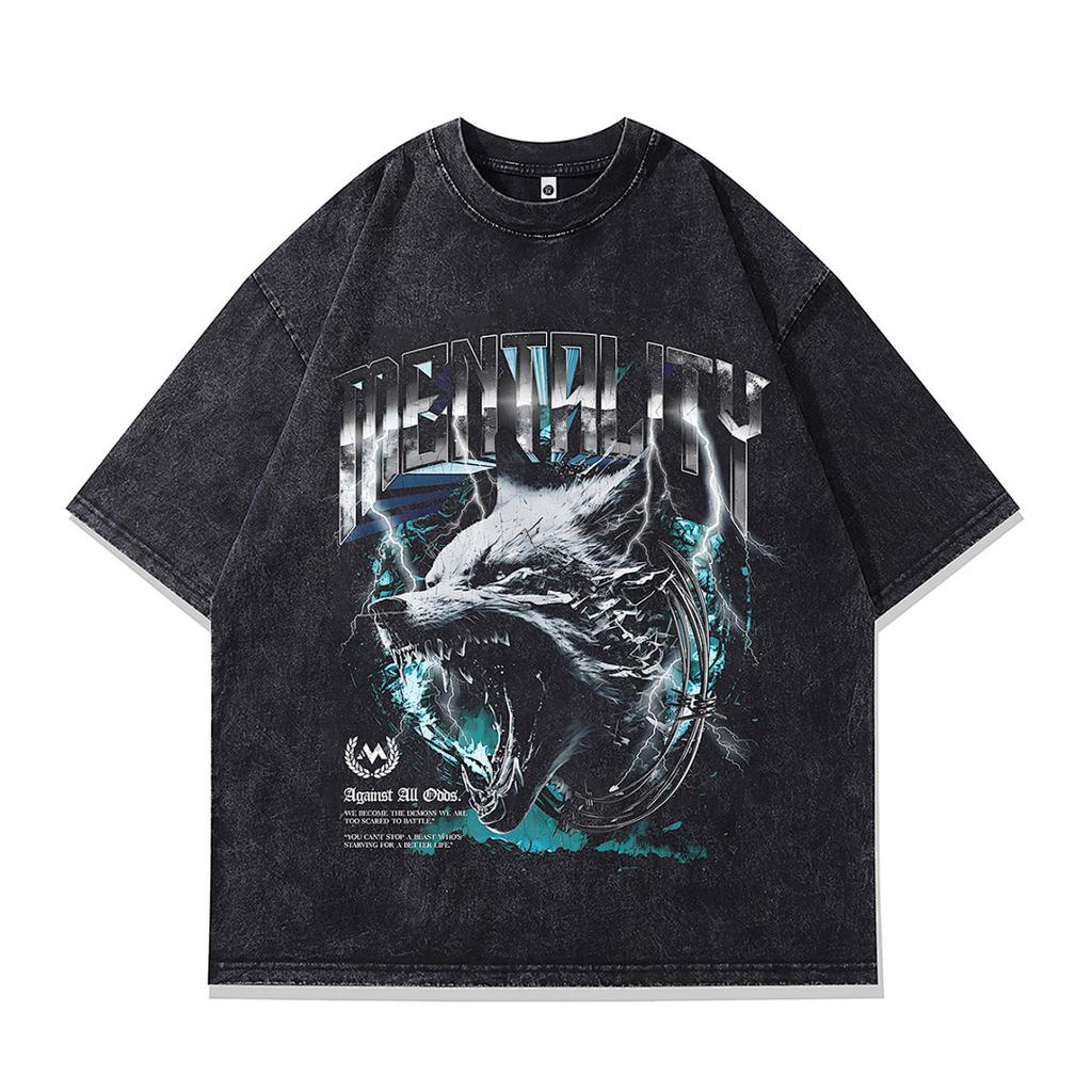 Summer Men'S Trendy Brand Short-Sleeved T-Shirt American High Street Vintage Doberman Print Fried Color T-Shirt