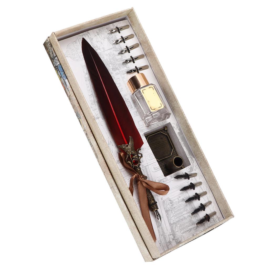 Feather Pen Set Vintage Creativity Ink Carving Writing Suit for Lover Teacher Classmate GiftBurgundy