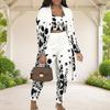 Women Plus Size Tropical Printed Three Piece Set Long Sleeve Open Front Cardigan Strappy Top Long Pants