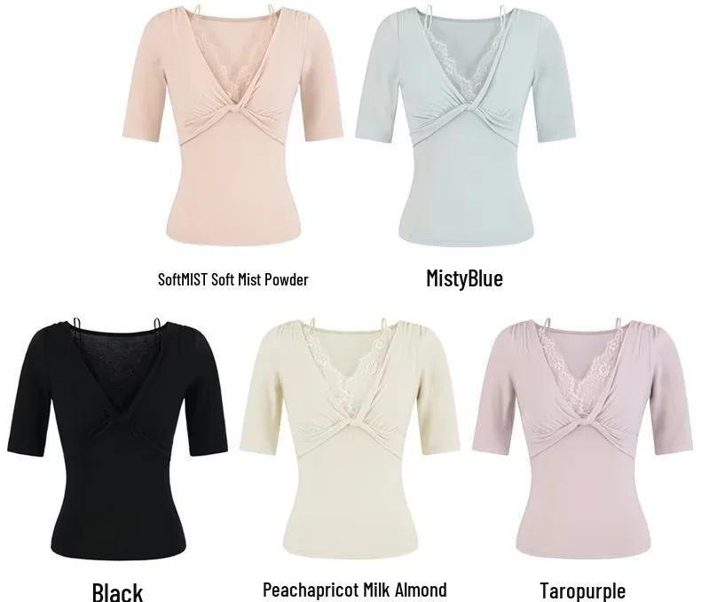 2026 Sexy Slim-Fit V-Neck Lace Patchwork Mid-Sleeve Women's T-shirt
