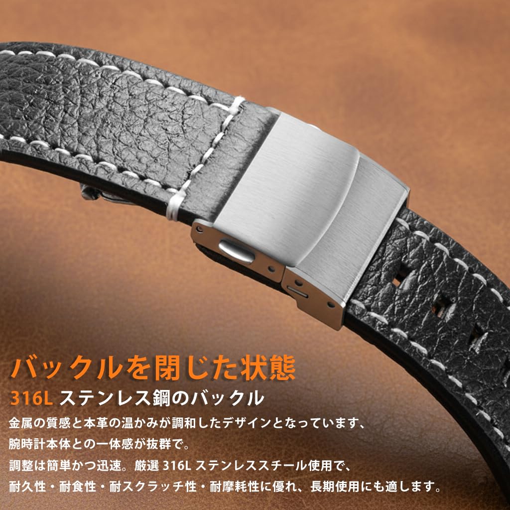 SUIMUMU 22mm Leather Watch Band, Double-Layered Cowhide with Lychee Pattern, Retro Classic Style, Stainless Steel Buckle, Genuine Leather Replacement