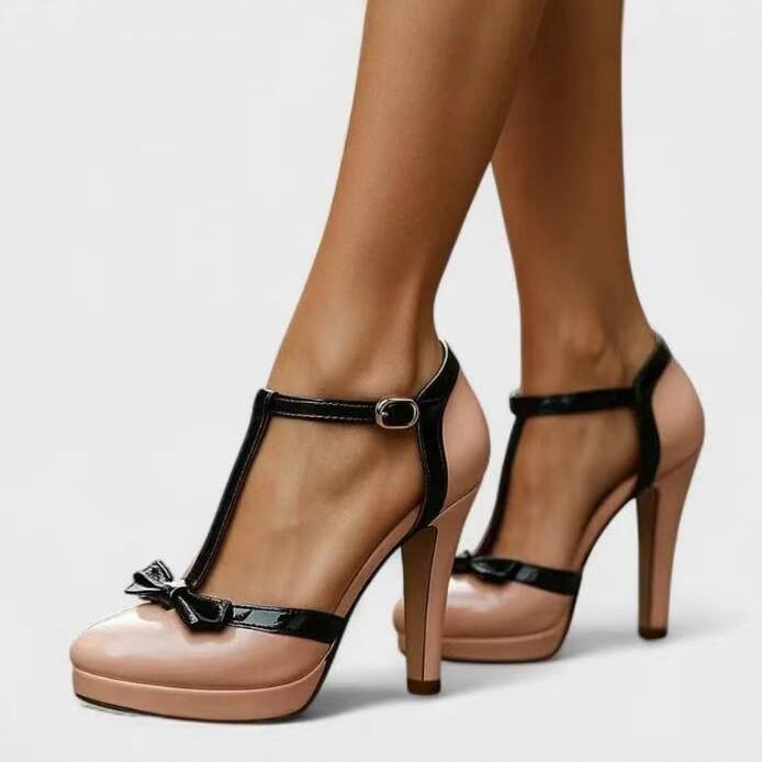 New European and American patent leather T-word with bow high-heeled sandals women's thick heel thick sole large size heels