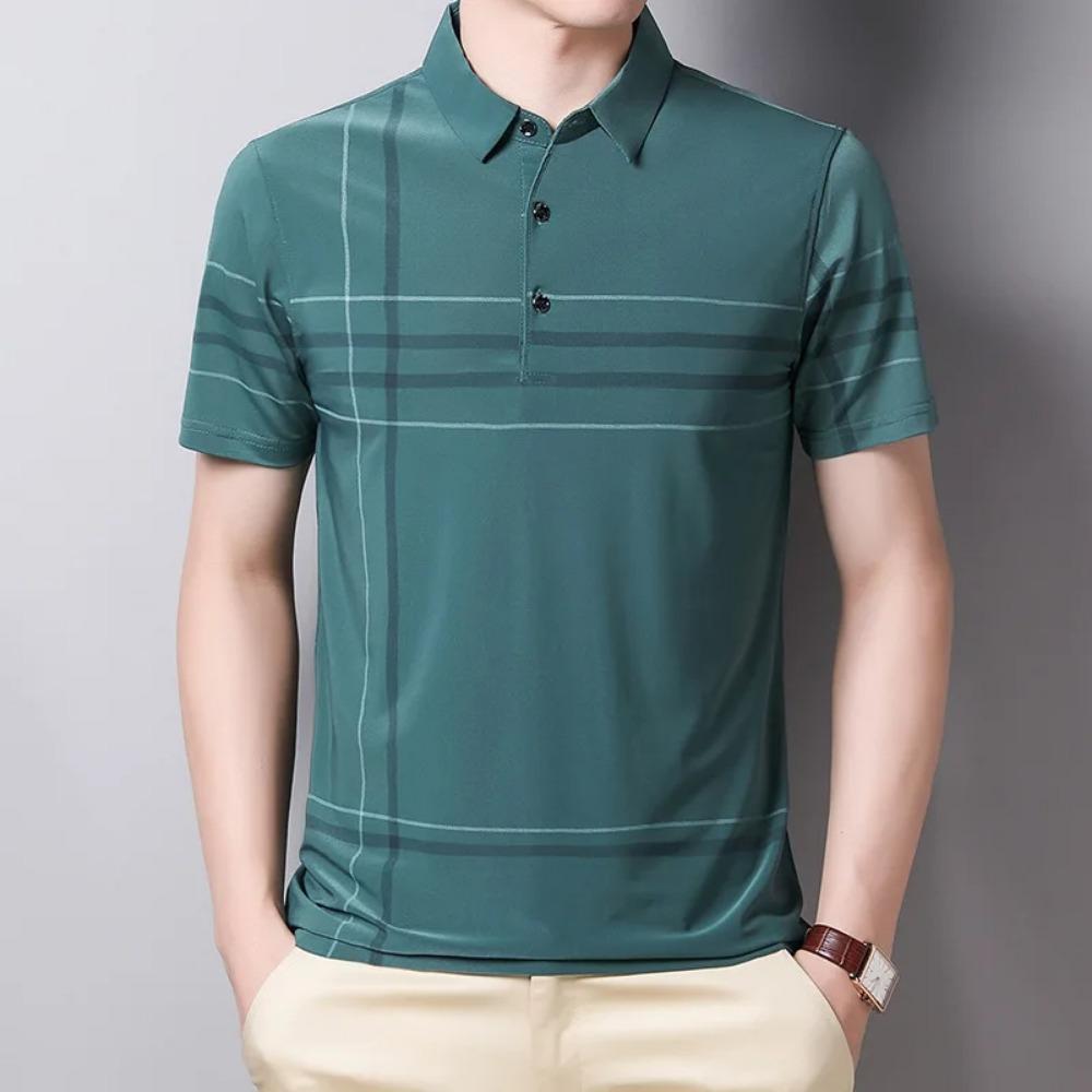 Men's casual business polo, button and graphic printed short sleeved T-shirt, fashionable lapel oversized clothing