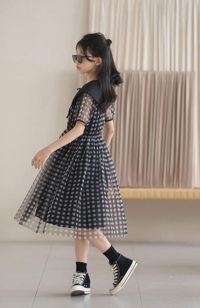 Weileenice Black Size Short Sleeve Checkered Elementary School Entrance Memorial Formal Korean Short Summer Children's Dress, 140, Pattern, Girls'