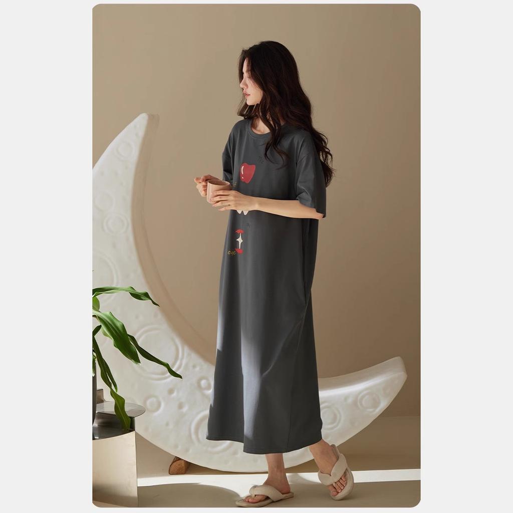 Lazy Wind Nightdress Women's Summer Korean Short-sleeved Medium and Long Knee Dress Loose Korean Version Cute Student Pajama Dress