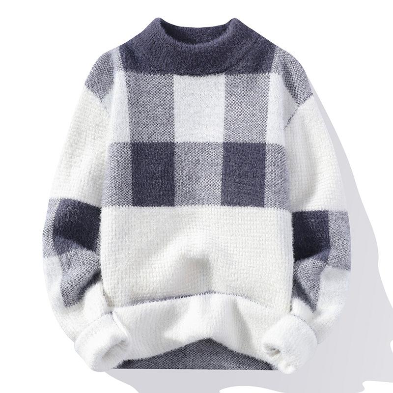 Half Turtleneck Men's Sweater Korean Style Fashion Plaid Imitation Mink Knitted Sweater Autumn and Winter New