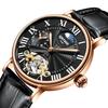 KINYUED Men Rose Gold Watch Moon Phase Open Heart Skeleton White Dial Roman Numerals Brown Crocodile Leather Strap 3ATM Waterpro