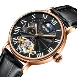 KINYUED Men Rose Gold Watch Moon Phase Open Heart Skeleton White Dial Roman Numerals Brown Crocodile Leather Strap 3ATM Waterpro