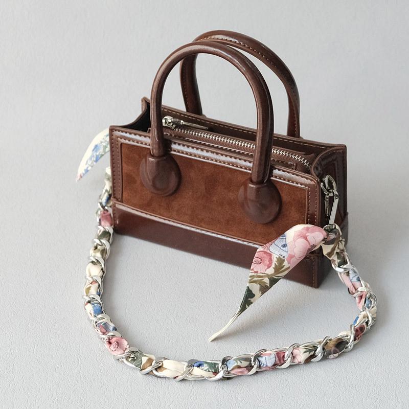 New Fashion Brand Woman Handbag Accessory Chains Detachable Floral Print Gold Silver Metal Silk Shoulder Strap Women DIY Chain Bag Handles