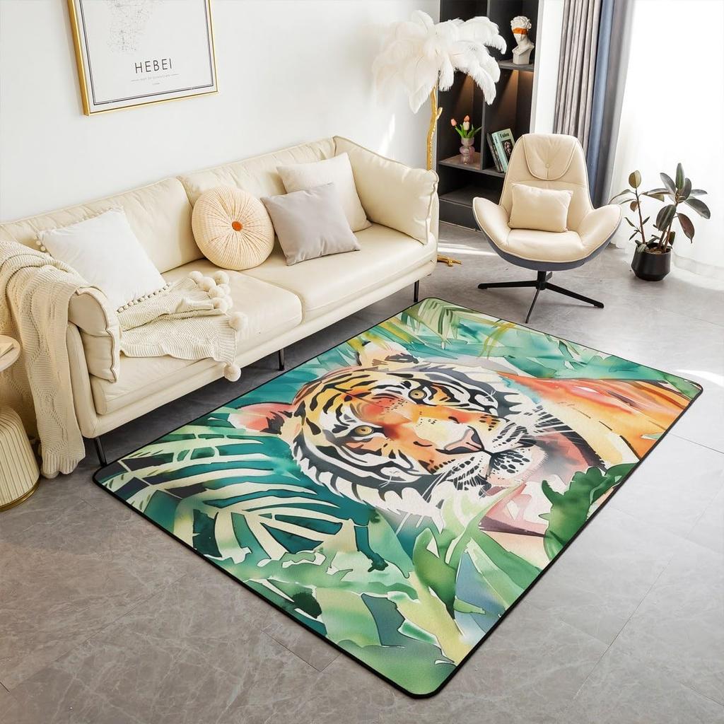 Japanese Ukiyo-e Tiger & Ocean Wave Print Area Rug, Bold Non-Slip Floor Mat for Living Room Bedroom Home Decor Carpet