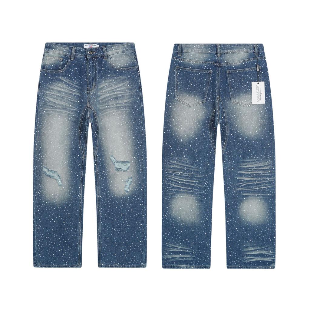 Grenzüberschreitender Beauty-Trend VALE Amerikanische High Street Hip-Hop Heiße Diamant-Sprüh-Pferd-Weide Gerade Jeanshose