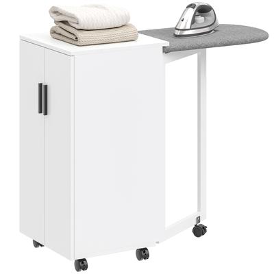 2 In 1 Foldable Ironing Board Cabinet On Wheels With Ironing Board And Adjustable Shelf For Small Spaces White