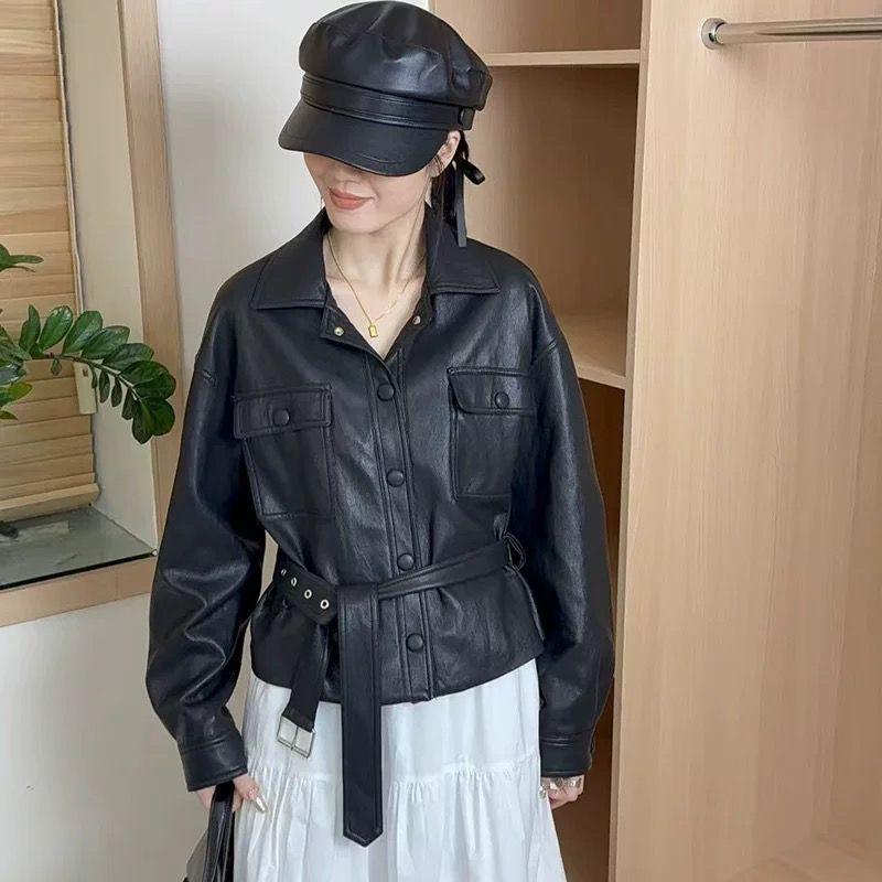 

Женский короткий пиджак с лацканами, однобортный, с завязками на талии, свободный топ-жакет S чёрный