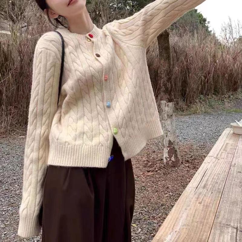 2025 Autumn Winter Women Knit Cardigan Sweet Heart-shaped Colorful Buttons Twisted Texture Slim Retro Casual Small Fragrance Style Sweater Coat