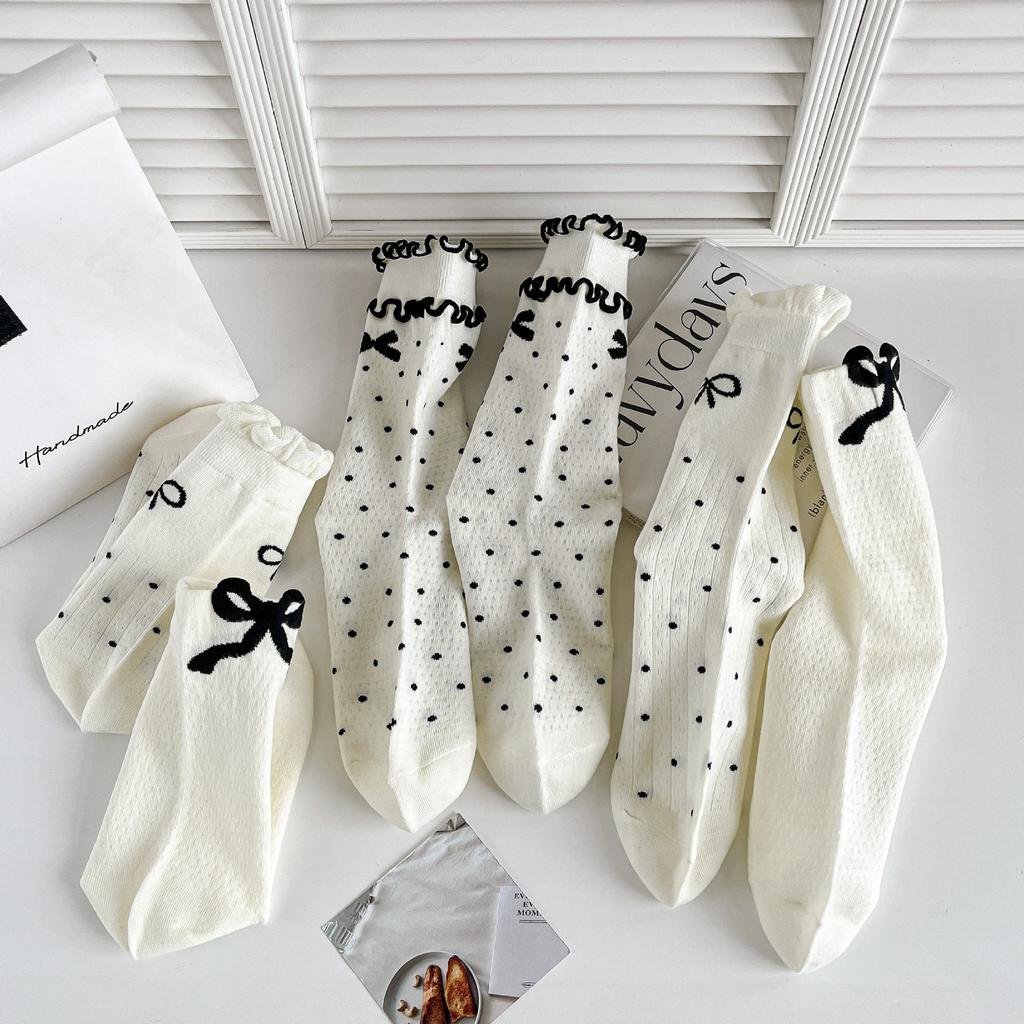 Bow Socks For Women Mid-Season Tube Socks Thin Sweat-Absorbing Stockings Black And White Versatile Trendy Socks