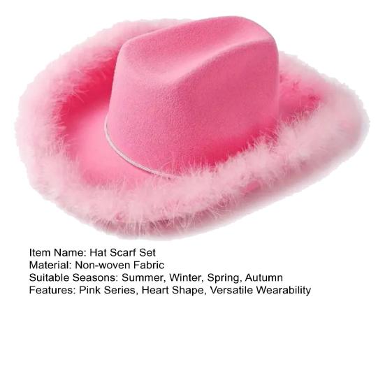 Hat Scarf Glasses Set Pink Series Felt Cowboy Hat with Feather Trim Pink Bandana Heart-Shaped Sunglasses Versatile Western Style Accessories