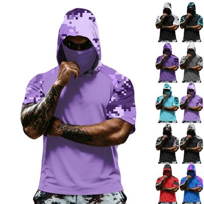 Men's Summer Camouflage Gradient Drying Short-sleeved T-shirt, Sun Clothing, Fishing, Fitness, Sports, Hooded Short-sleeved Shirt
