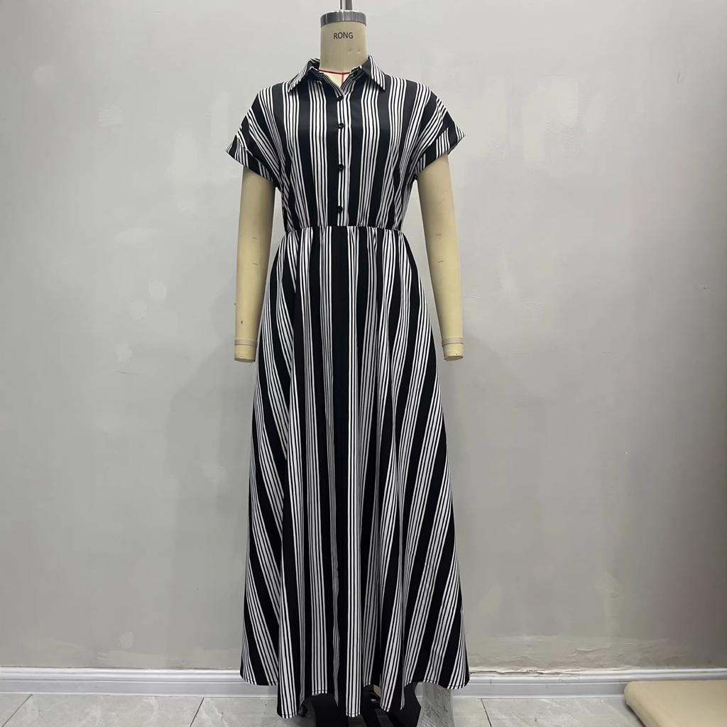 2026 European and American Cross-border Temu Amazon Independent Station Temperament Professional Women's Clothing Short-sleeved Striped Shirt Dress