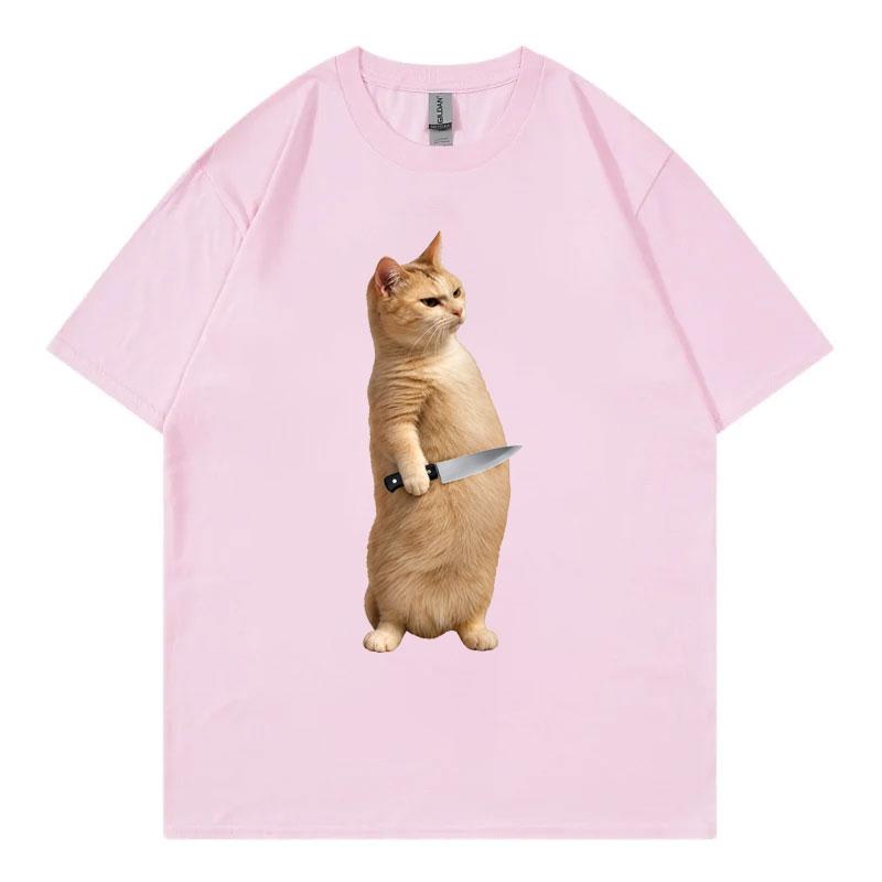 Funny Cat With Knife Meme Tshirt Unisex Unisex Clothing High Street Fashion Trend Tshirts Summer Casual Loose Short Sleeve T Shirt
