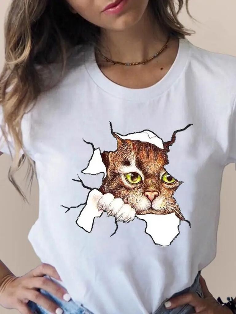 Summer Plus Size Print T Fashion 3D Cat Lovely Trend Cute Women's Clothing Short Sleeve Clothes Summer T-shirts Ladies Graphic Tee