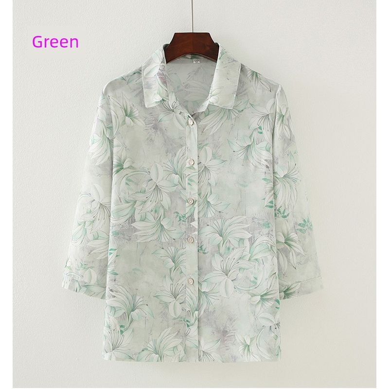 

Middle-Aged and Elderly Women clothes Grandma Summer Clothing Imitated Silk Fabric Shirts Top Mother Silk Shirt Old Lady Thin Cardigan 506 Green 2XL