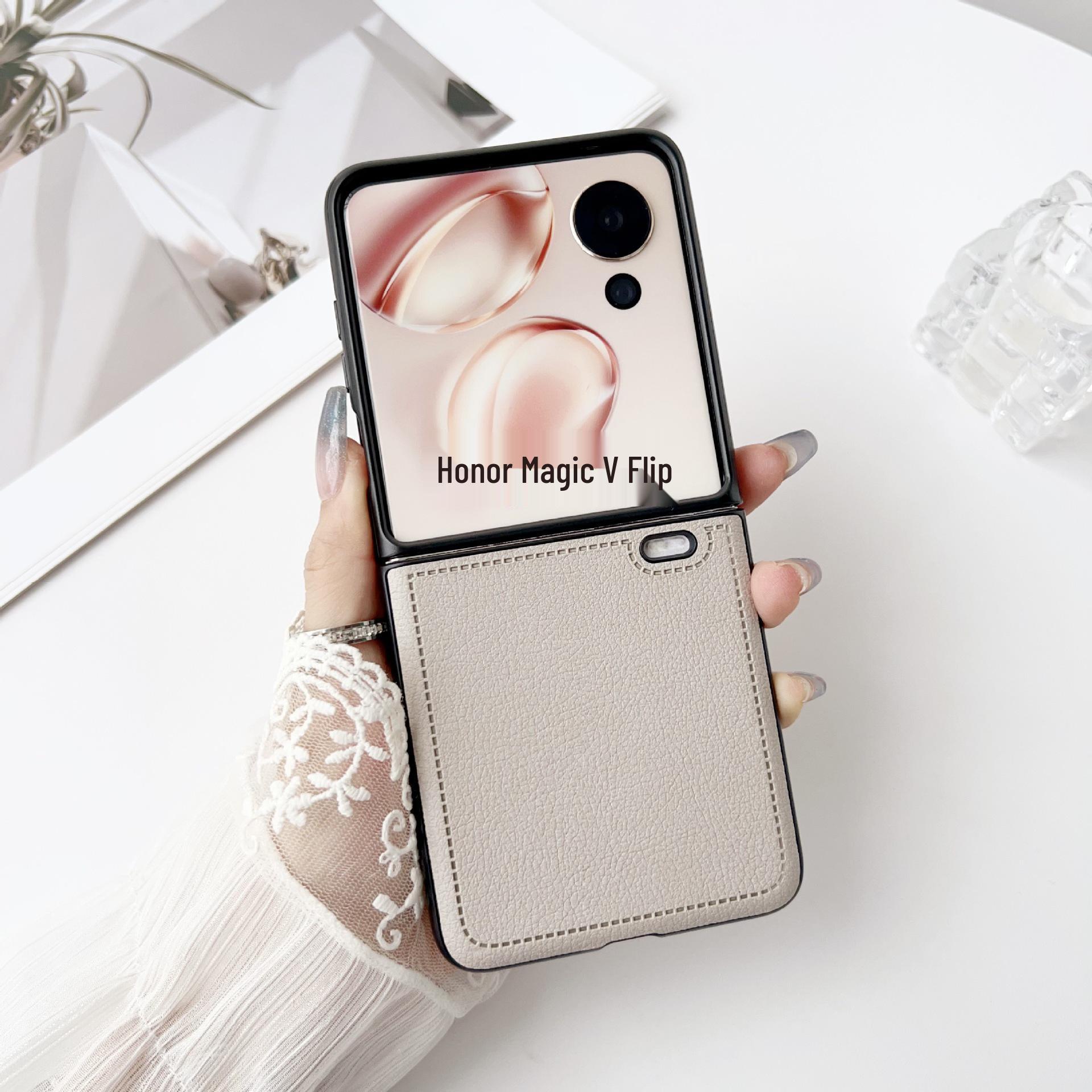 Compatible Honor Magic V Flip Lychee Pattern Case - Foldable Screen Cover Honor Magic V Flip