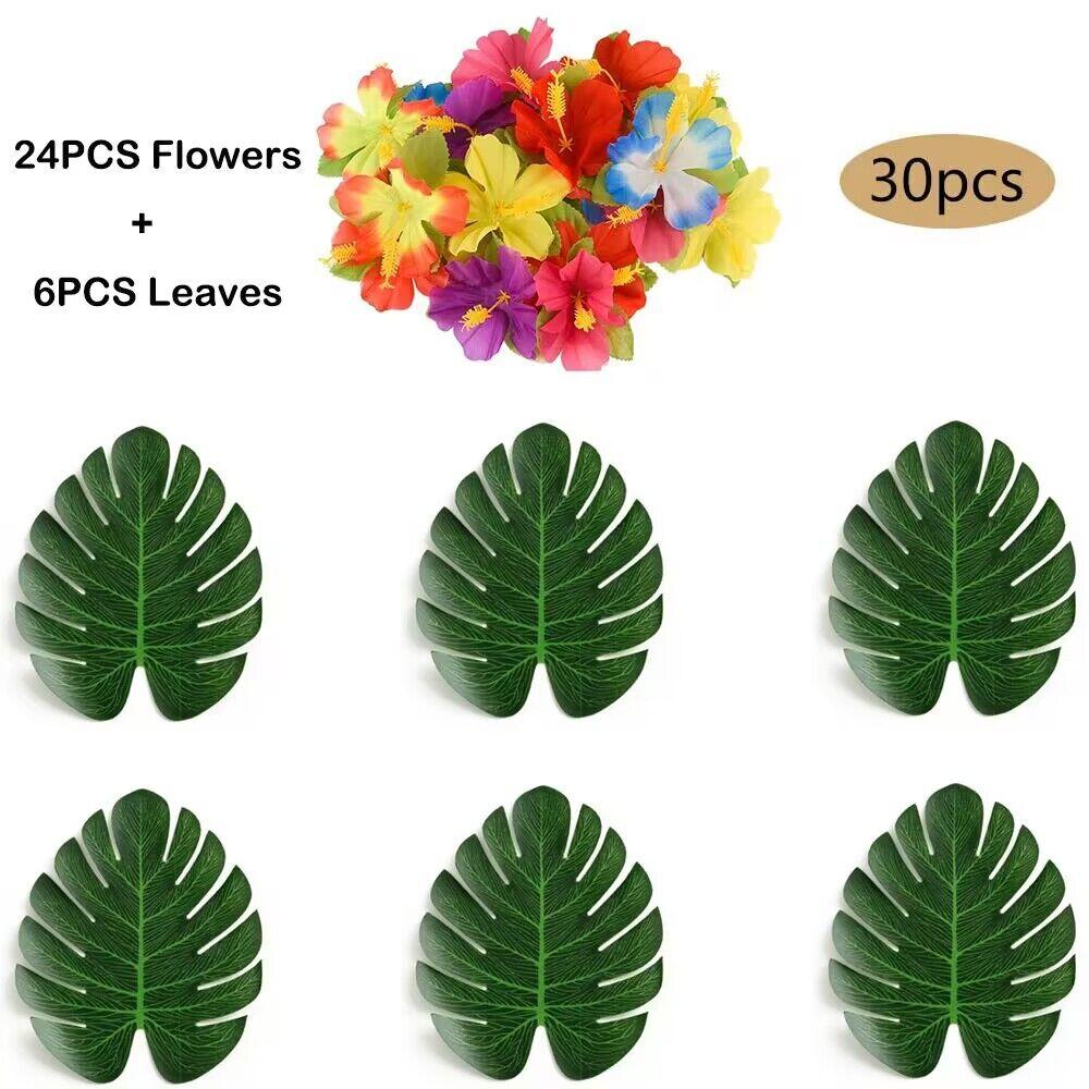 Tropical Monstera Palm Leaves Hibiscus Flower Hawaiian Luau Leaves Tropical Party Jungle Beach Table Decoration Wedding Birthday