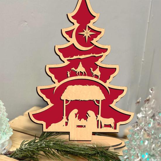 Christmas Tree Table Sign Decoration Farmhouse Rustic Jesus Nativity Wooden Ornament with Base Home Office Bookshelf Desktop Decor