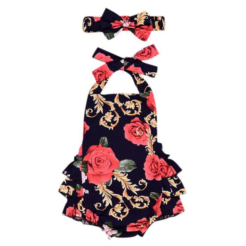 Baby Girl Floral Print Princess Romper Kids Lovely Backless Black Rompers Kids Jumpsuit