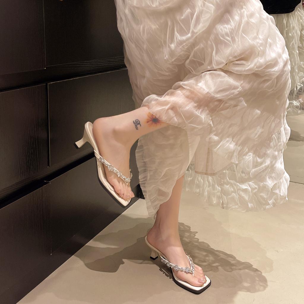 Fairy wind crystal transparent high heels female 2025 summer show legs long rhinestones with fashionable outer wear