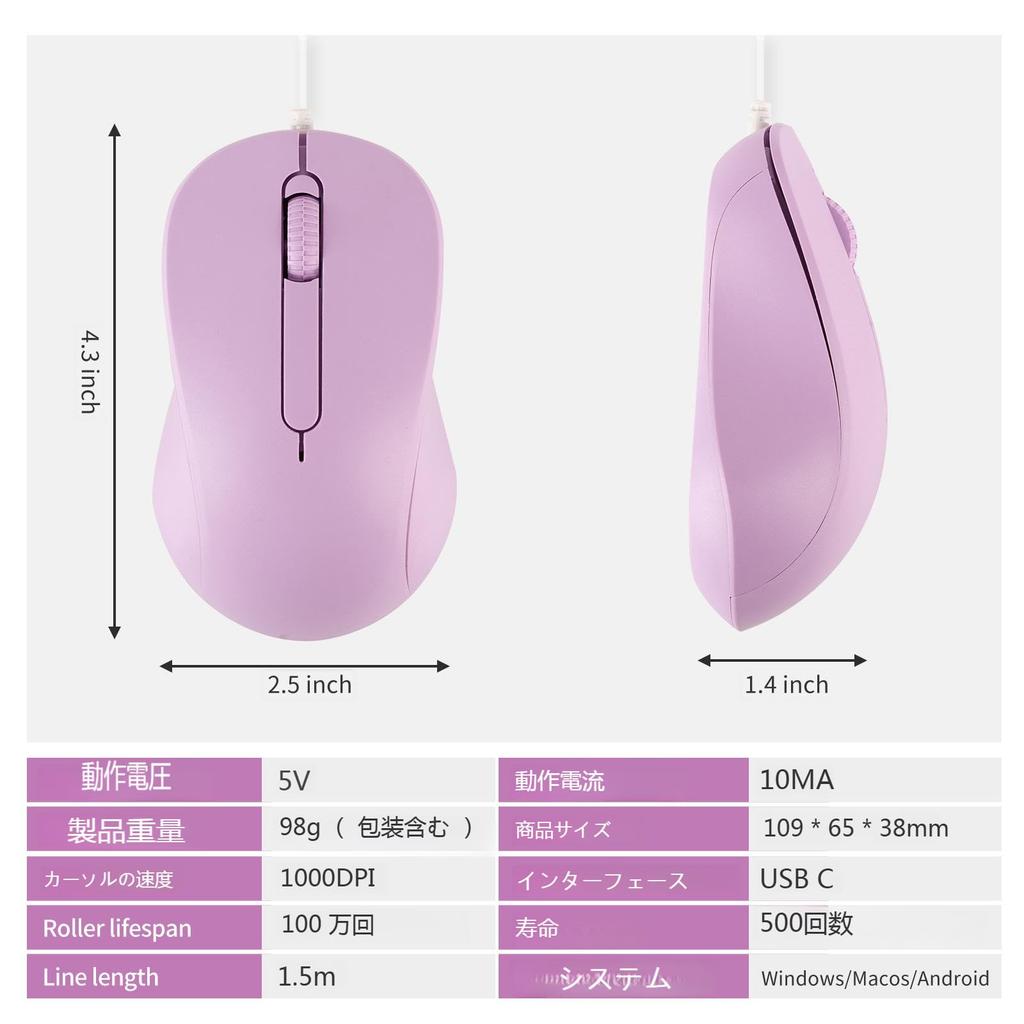 Quiet Wired Mouse with Fixed DPI Ergonomic Easy Compatible with Mac and Tablets Type-C Cable, 1.5 Meter, Symmetrical, 1000, Design, Connection,
