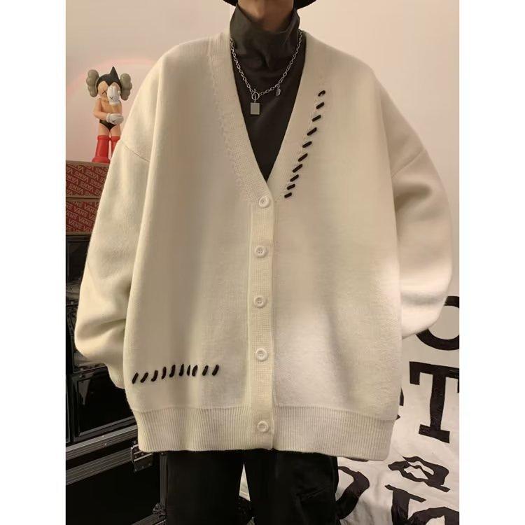 Men's Autumn Cardigan Knitted Sweater Trendy Brand Ruffian Handsome Advanced Sense Large Size Lazy College Style Japanese Retro Jacket