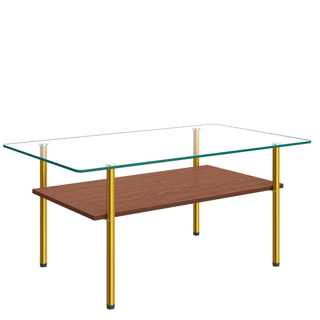 Modern Coffee Table with Glass Top and MDF Shelf, Gold-Colored Metal Frame, Rectangular Sofa Table in Luxury Design, Wood Look-H45/W98/D58 cm