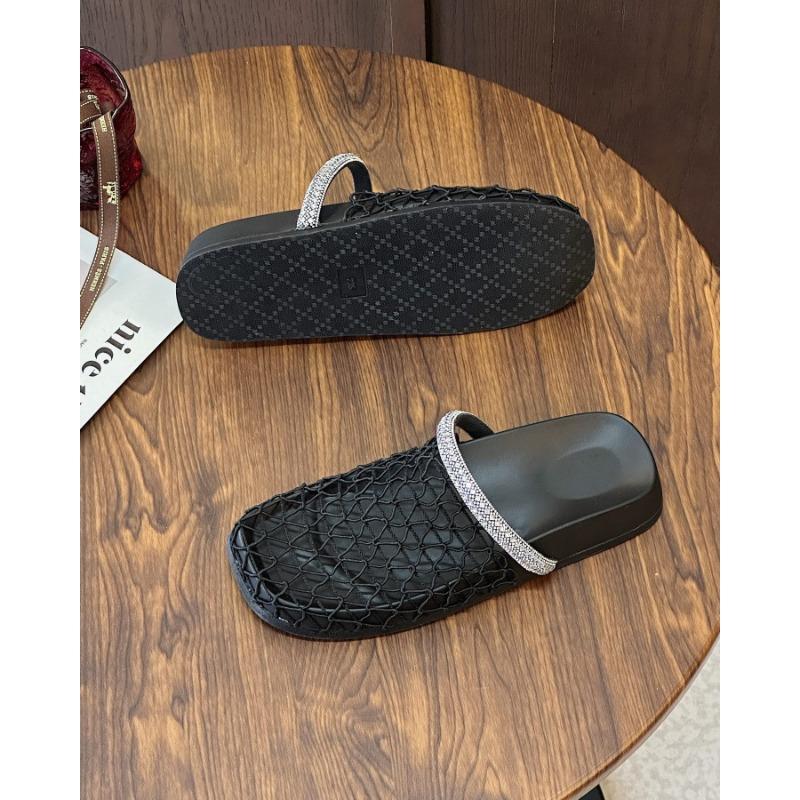 

Woven hollow mesh sandals women s spring and summer new fashionable rhinestone breathable thick-soled outer wear cool slippers 35 чёрный