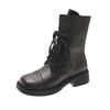 Women Mid Calf Boots Fashion Lace Up Platform Thick Heel Motorcycle Booties Retro Style Autumn Winter Female Shoes S13