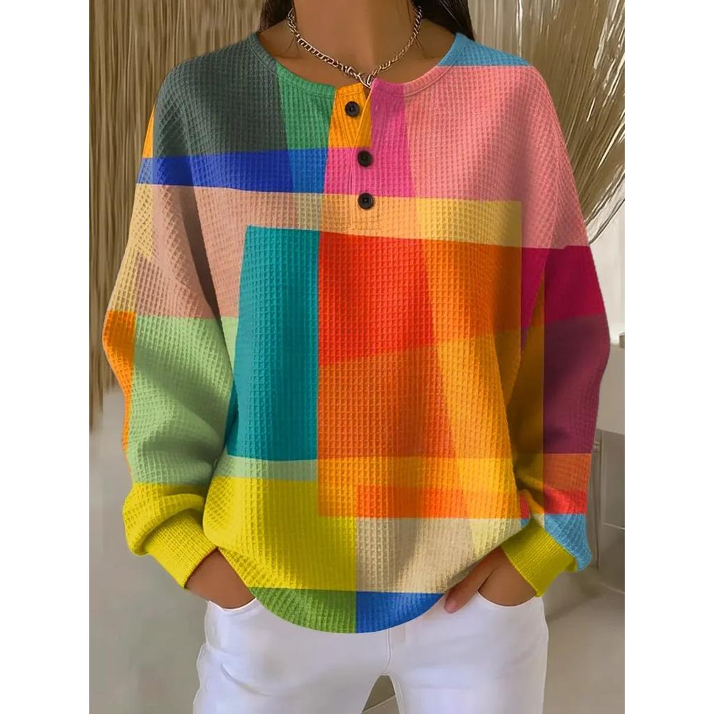 Women's Crew Neck Long Sleeve Waffle Knit Henley Top Loose Fit Casual Sweatshirt