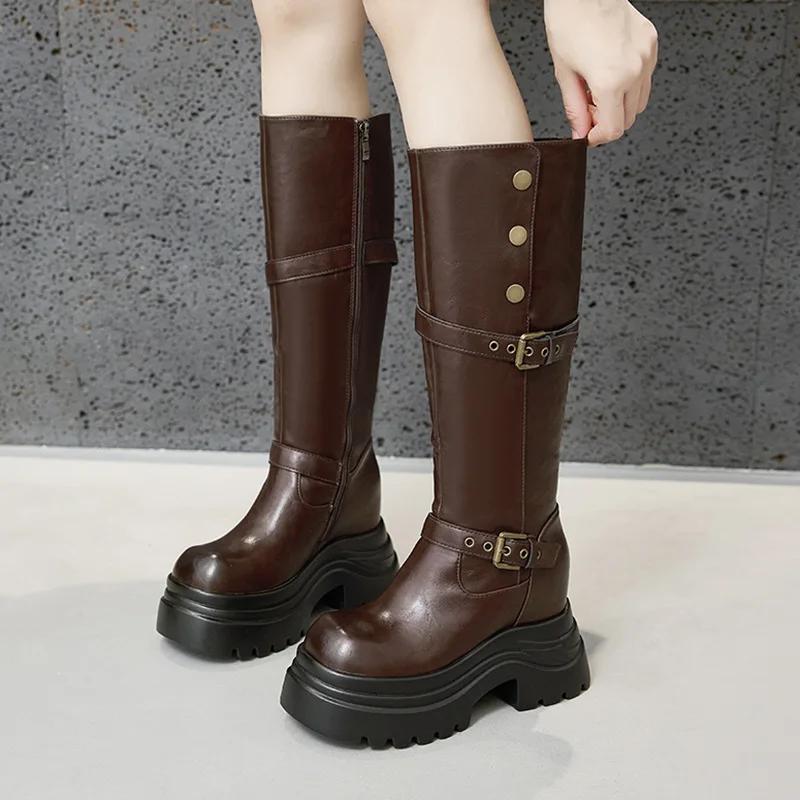 Fashion 8cm New Microfiber Women Boots Autumn Boots Leather Platform Wedge British Ankle Spring Synthetic Knee High Fashion Shoes