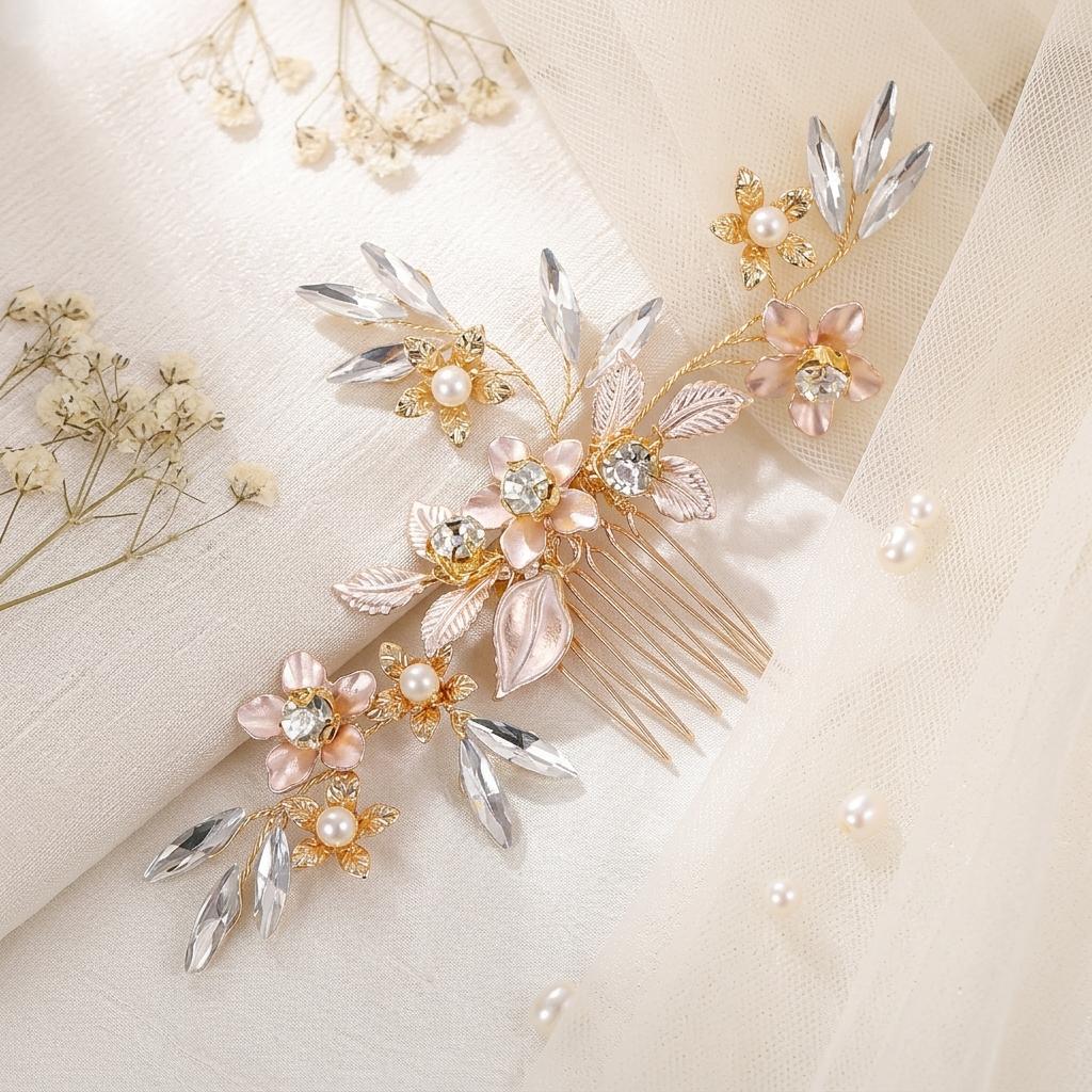 Pearl Leaf Hair Comb Alloy Base With Hand-made Decoration For Wedding