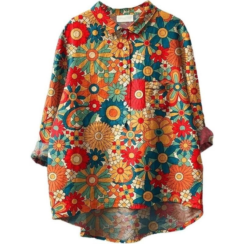 Summer Women's Loose Printed Round Neck Casual Plus Size Women's Long Sleeve T-shirt