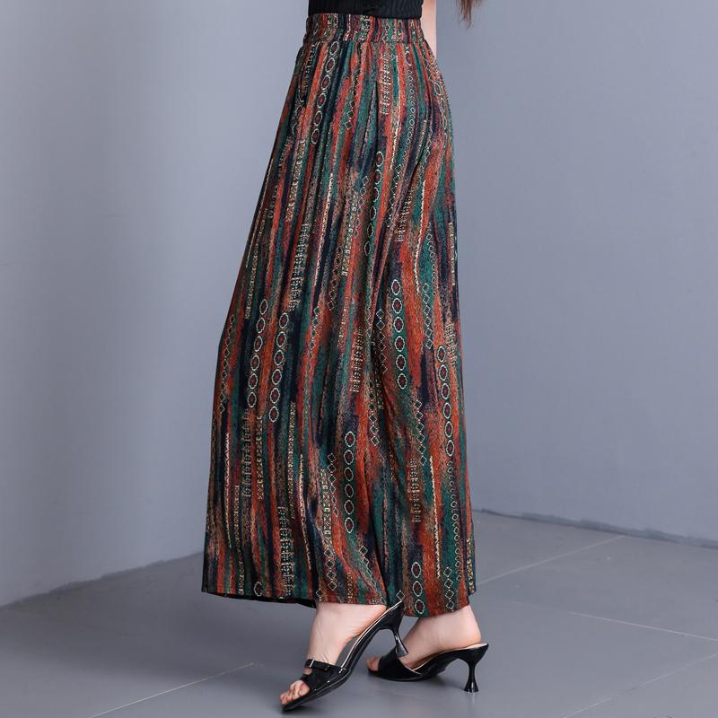 Women's Plus Size Cotton Silk Printed Wide Leg Pants, Elastic Waist Casual Summer Trousers (XL-5XL)