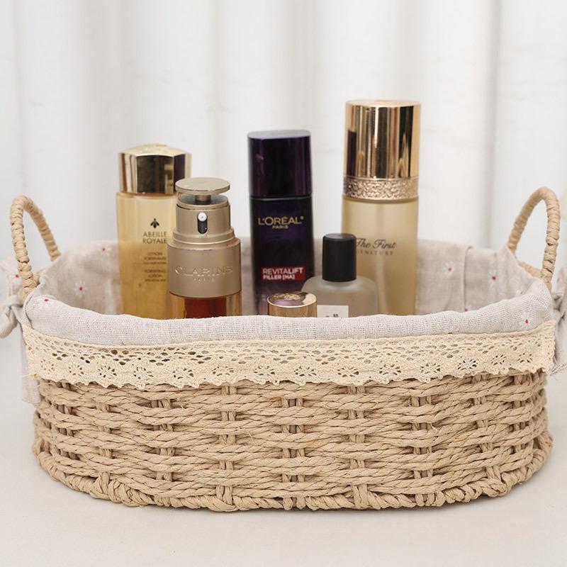 Woven Storage Basket Set of 2, Handmade Rattan Organizer with Liner, Decorative Basket for Home, Bedroom, Bathroom, Makeup, Toys, Nursery