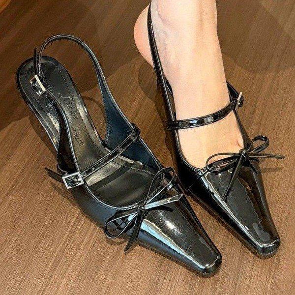 2025 spring and summer new bow medium high heels women's bag head sandals one-word buckle with pointed head empty single shoes women
