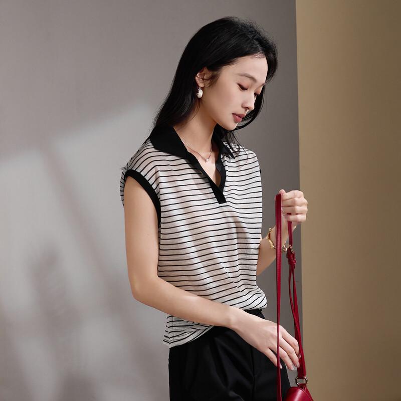 SOFSIL Women s Contrast Stripe Lapel T-shirt M