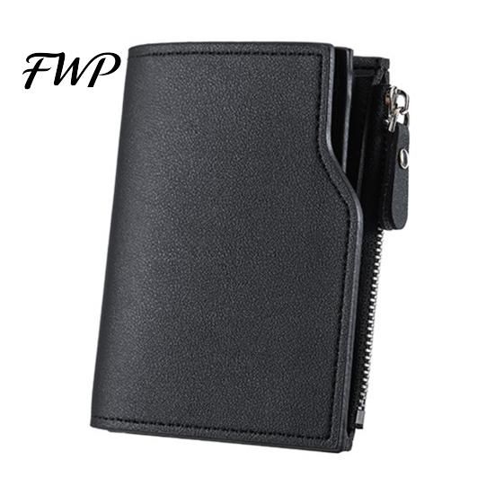 Men Coin Pocket Wallet Short Card Slim Tri-fold Large Capacity Holder Cash Multi-card Slot with ID Window Zipper Gift for Father Husband Durable чёрный