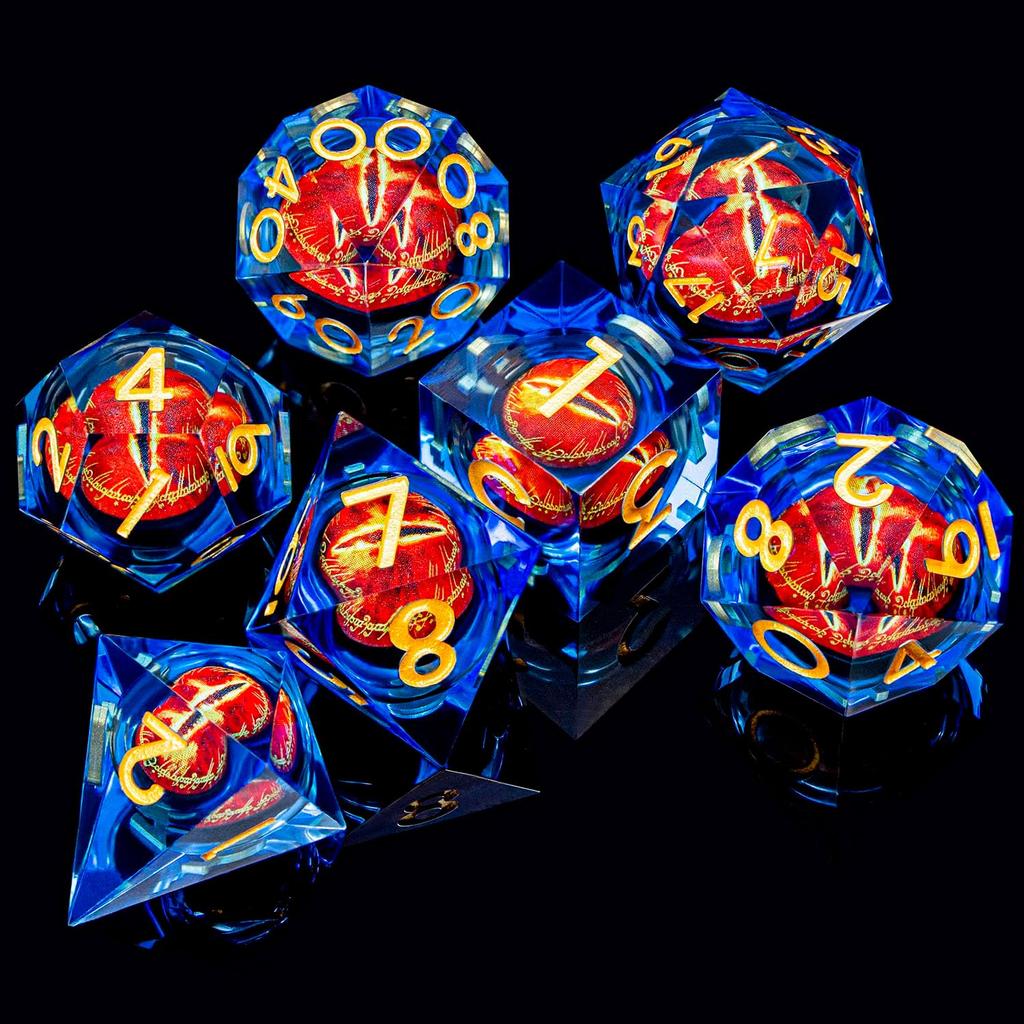 Runes DND Resin Dice Gazes Eye Dice Golden Blue Liquid Core Flaming RPG Sharp Edged Dice Set with Gift Box Polyhedral Compatible
