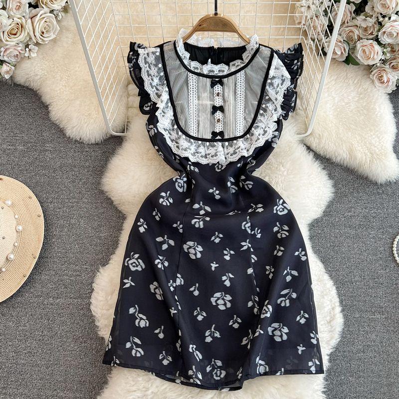 

Summer Retro Flying Sleeves A- line Printed Dress Black XS